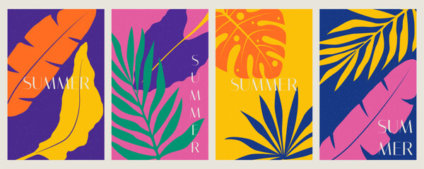 Set of colorful vertical summer posters. Bright summer backgrounds with palm leaves. Vector illustrations.