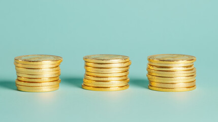 Stacks of golden coins against a light blue backdrop.