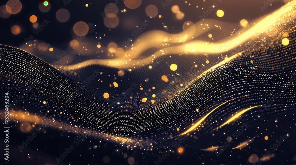 Poster a captivating abstract image featuring undulating glowing golden wave like lines interspersed with s