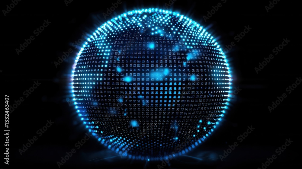 Poster futuristic 3d digital sphere composed of a luminous blue wireframe matrix of interconnected points r