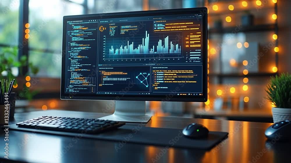 Poster modern desk setup featuring a computer displaying data analytics at nighttime with ambient lighting