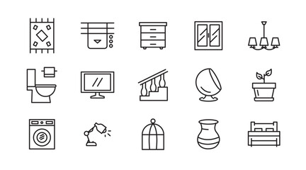Home decor, decorations line icon set. Interior Design, Furniture, Room Layout, Lighting, Curtains, cooking, kitchen, living room, bedroom, and bathroom icon collection. UI thin outline icon pack