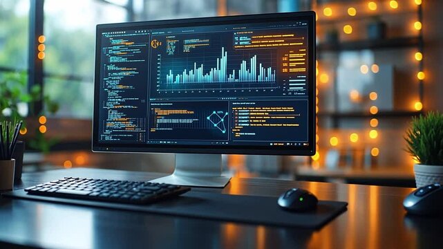 Modern desk setup featuring a computer displaying data analytics at nighttime with ambient lighting