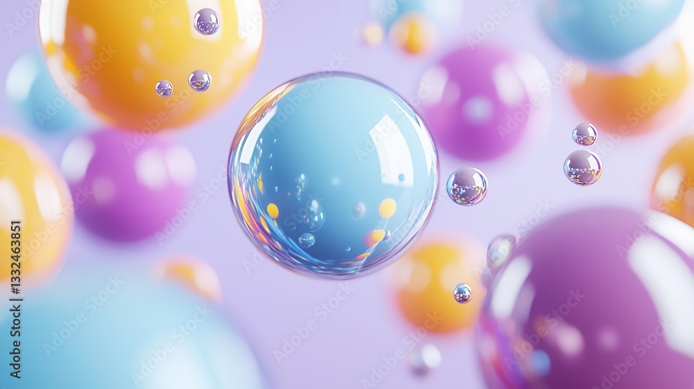 Poster a captivating digital artwork featuring a mesmerizing array of colorful iridescent bubbles suspended