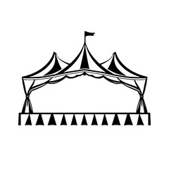 Black and White Line Art Illustration of a Classic Circus Big Top Tent with Stage, Pennants, and Flag, Isolated on White.