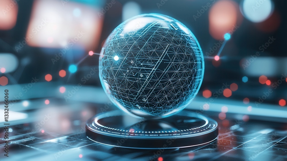 Poster a 3d rendered wireframe sphere composed of illuminated points symbolizing the interconnected nature 