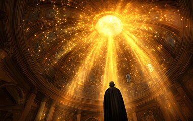 Sacred Illumination: A solitary figure stands in reverence beneath a celestial dome, bathed in an ethereal, golden light. A powerful visual embodying the fusion of faith, awe.