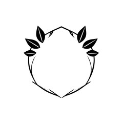 Obraz premium Elegant Black and White Botanical Illustration: A symmetrical wreath with stylized leaves forming a minimalist emblem on a pristine white backdrop, evoking a sense of nature and simplicity.