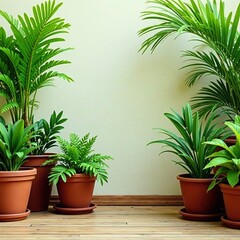 Fototapeta premium Varied potted plants, lush foliage, terracotta pots, terracotta, decoration, lush