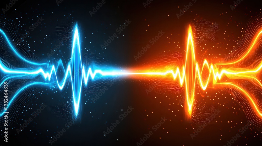 Poster a dynamic and striking digital depicting a futuristic energy waveform with vibrant orange and blue l