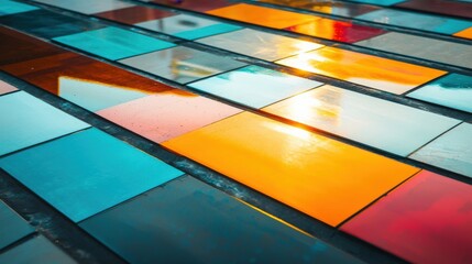 Fototapeta premium A solar panel field reflecting the rising sun in vibrant colors