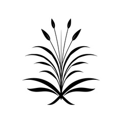 A symmetrical, minimalist black and white botanical illustration featuring stylized grass blades and seed heads, exuding simplicity and elegance.
