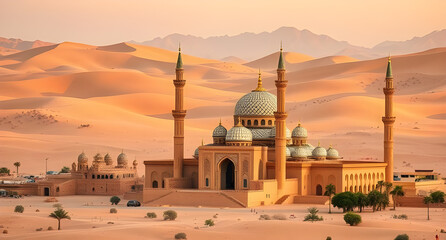 Islamic holy places, soft golden sand dunes, mosques in the middle of the Arabian desert nature background
