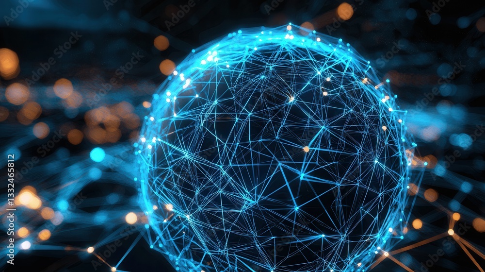 Poster a digitally rendered luminous sphere representing a complex interconnected global network of technol