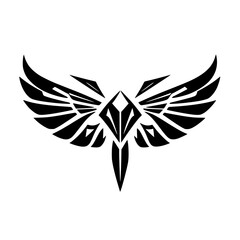 Symmetrical Black and White Winged Diamond-Shaped Emblem, Stylized and Abstract, with a Modern, Geometric Design on White Background.