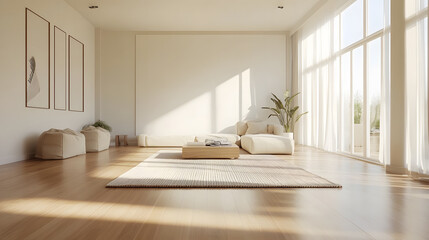 Serene Minimalist Living Room with Sunlight Streaming Through Large Windows