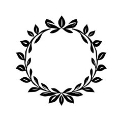 Elegant black and white circular wreath illustration with stylized leaves and branches, symmetrical design against white background.
