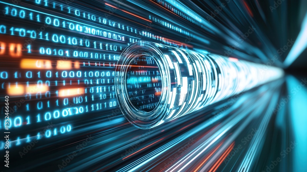 Poster a 3d rendering depicting a futuristic glowing digital landscape filled with binary data information 
