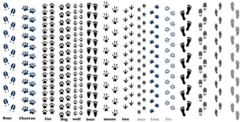 Human and animal footprints line set. Vector illustration.