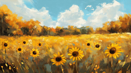 Fototapeta premium Soft focus sunflowers in the golden summer sunlight, in a field. Watercolor paint style