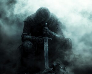 A lone warrior sits in contemplation, shrouded in mist, reflecting on battles fought and the journey ahead.