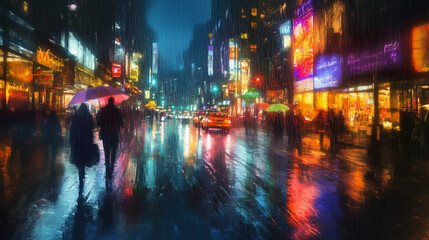 Cinematic Urban Scene with Heavy Traffic, Bright Reflections in the Rain and Dynamic Atmosphere that Captures the Essence of Modern Nightlife &ndash; Generative AI