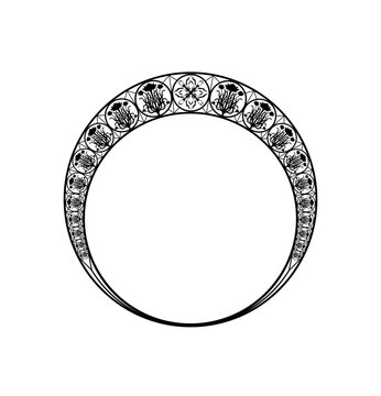 Vintage 1970s Art Nouveau Decorative Circle Frame with Flowers, 70s 20s portrait vector border with iris and dahlia flowers, round background hoop, romantic traditional retro floral asset, art deco