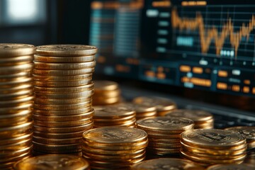 A pile of gold coins is arranged on a computer screen with a graph displayed