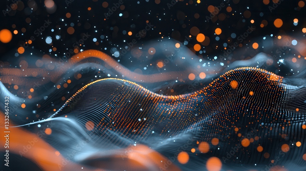 Poster this captivating image depicts a digital landscape with vibrant neon like elements flowing and undul