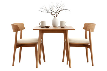 Wooden Dining Table with Chairs and Vase Centerpiece, PNG Transparent