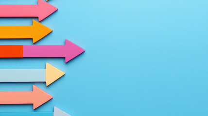 Fototapeta premium Colorful arrows pointing right on blue background create dynamic visual