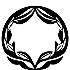 Obraz premium Monochromatic Circular Foliage Emblem: A Symmetrical Black and White Vector Illustration of a Botanical Border Design, Leaf-Shaped Elements