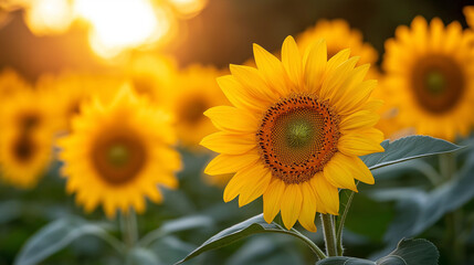 Obraz premium Soft focus sunflowers in the golden summer sunlight, in a field