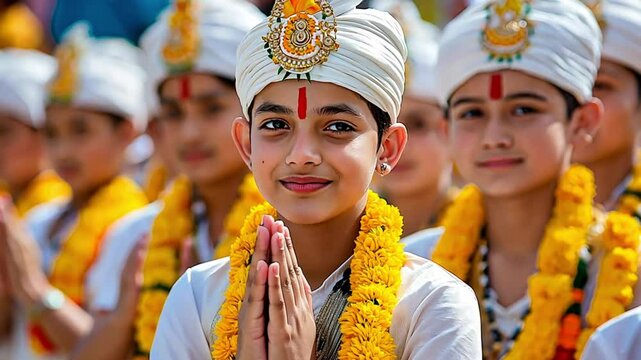 Cheerful Indian boy traditionally dressed, warmly greeting in namaste posture at festive ceremony. Concept of cultural heritage and spiritual gratitude.