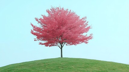 Crimson foliage tree on verdant hill against pastel sky offering tranquility