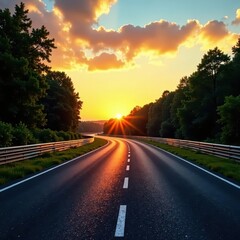 Sunset paints wide asphalt race track bordering lush green woods, competition, green, nature