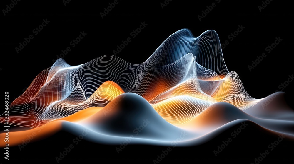 Poster an abstract futuristic digital landscape depicting dynamically flowing waves of light and energy rep