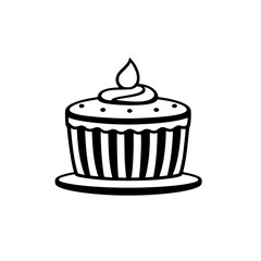 Bold, minimalist black and white illustration of a cupcake featuring striped cup, frosted swirl, and a stylized flame on a plate.