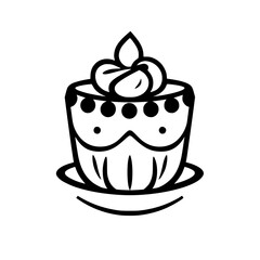 Whimsical Black and White Cupcake Illustration with Creamy Swirls, Dotted Detail, and Scalloped Edge, set on a Saucer
