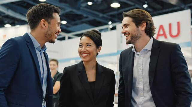 Young diverse business professionals smiling and positively engaging in conversation during an international corporate event. Concept of networking and global collaboration.
