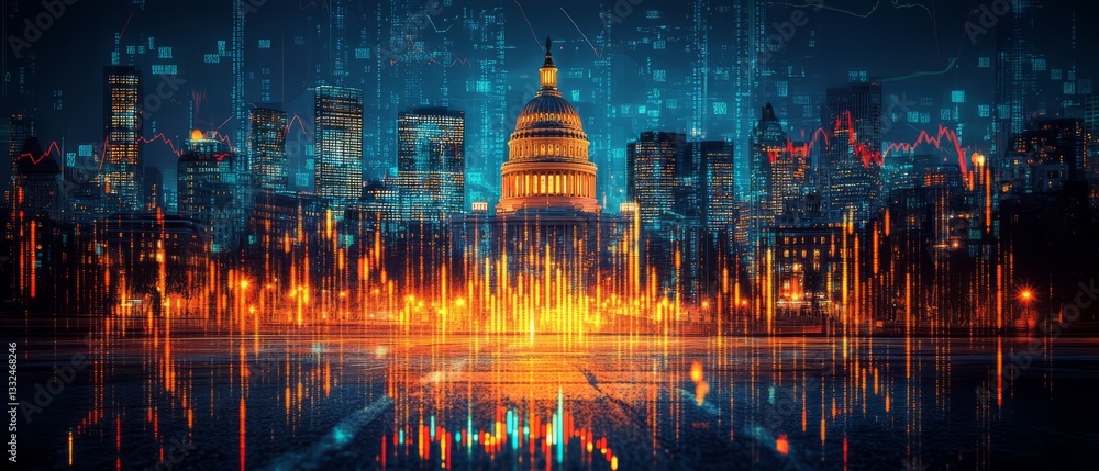 Poster a cityscape with the washington monument in the foreground. the image is a digital rendering of the 
