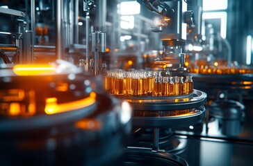 Industrial factory interior with equipment, conveyor line and steel tools, industry background