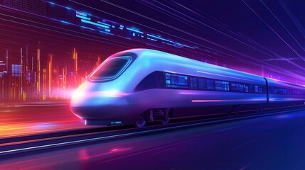 Fototapeta premium A futuristic digital depicting a high speed train in motion with a wireframe design and vibrant neon like blue and red lights that create a sense of speed and technological advancement
