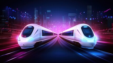 Fototapeta premium Two sleek futuristic high speed trains move rapidly through a vibrant illuminated urban landscape showcasing the technology and innovation behind modern transportation systems