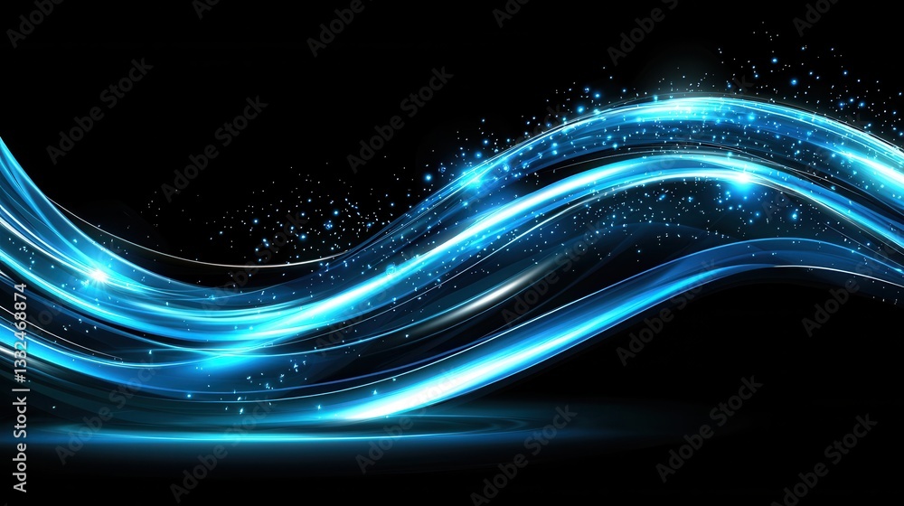 Poster abstract digital featuring high speed luminous blue waves flowing and undulating across a dark backg