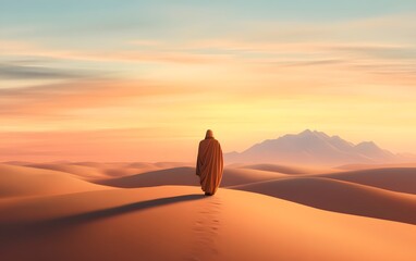 Desert Wanderer: A lone figure traverses a vast, undulating desert landscape under a breathtaking sky, embarking on a journey of self-discovery, with a dramatic and evocative atmosphere.