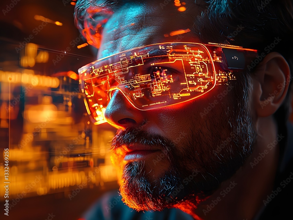 Poster futuristic detective reconstructing crime scene using augmented reality glasses in dark environment