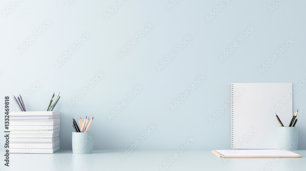 Poster tidy desk illuminated by soft morning light with neatly stacked notebooks pens and stationery ready 