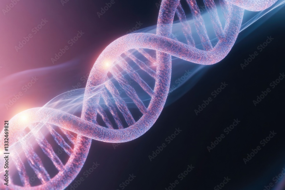Poster swirling blend of vibrant colors and intricate patterns suggesting genetic structures evoking dynami