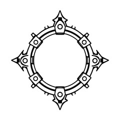 Naklejka premium Geometric Black Outline: Decorative Circular Frame with Ornate Corner Spikes and Repeating Geometric Accents, Isolated on White.